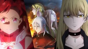 Collage of witch-themed fantasy anime like Release That Witch featuring magic and political worlds
