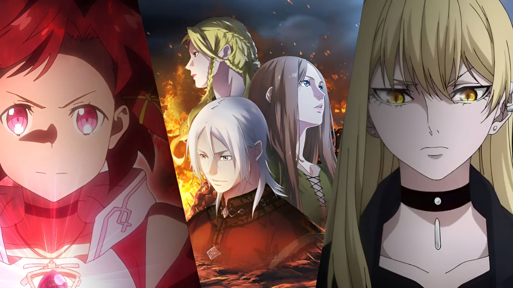 Collage of witch-themed fantasy anime like Release That Witch featuring magic and political worlds