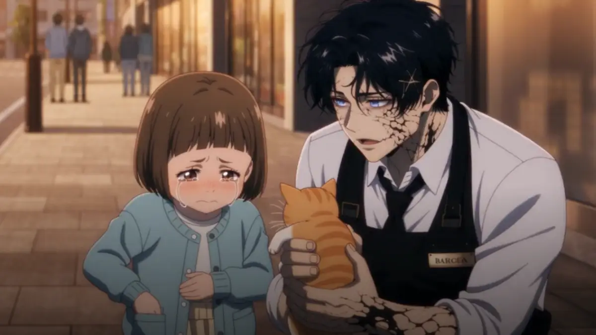 Shinigami holding a cat in hand for little girl